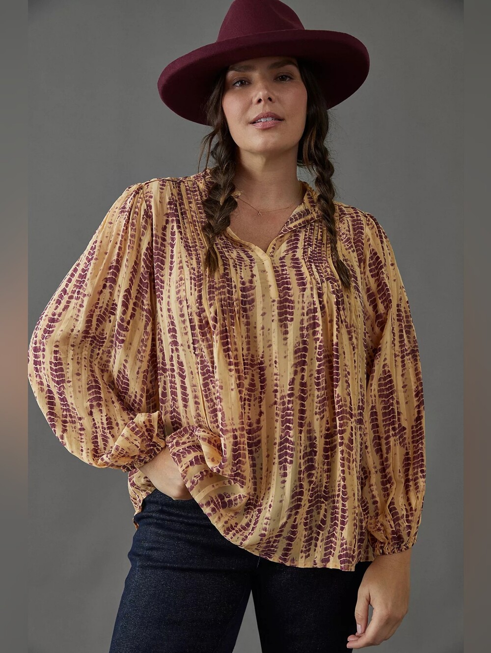 Anthropologie Golden and Burgundy Tye Dye Printed Peasant Blouse